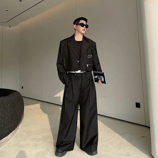 Set: Notch Lapel Plain Cropped Single-Button Blazer + Mid Rise Inverted Pleated Wide Leg Pants