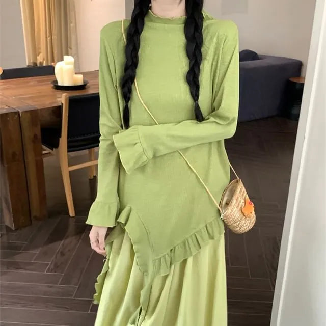 Long-Sleeve Mock Neck Plain Asymmetrical Ruffle Trim Oversized T-Shirt / High Rise Maxi A-Line Skirt