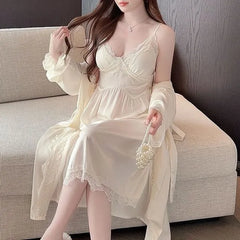 Spaghetti Strap V-Neck Plain Panel Lace Nightdress / Robe / Set