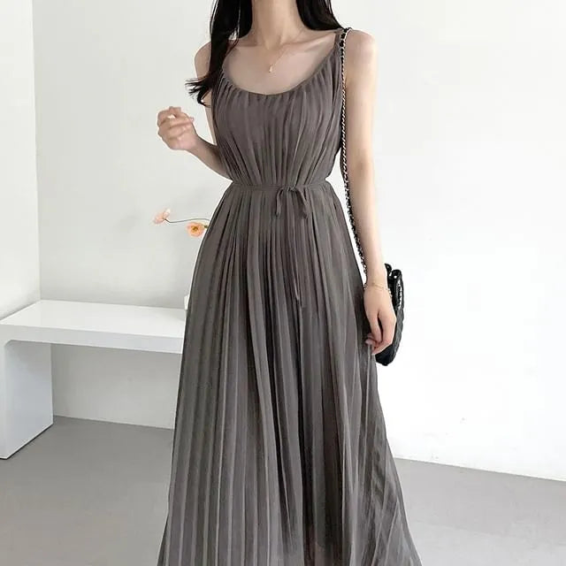 Spaghetti Strap Plain Accordion Pleated Tie-Waist Maxi A-Line Dress