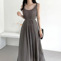 Spaghetti Strap Plain Accordion Pleated Tie-Waist Maxi A-Line Dress