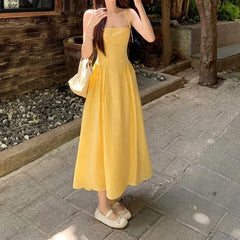 Spaghetti Strap Square Neck Plain Pleated Midi A-Line Dress