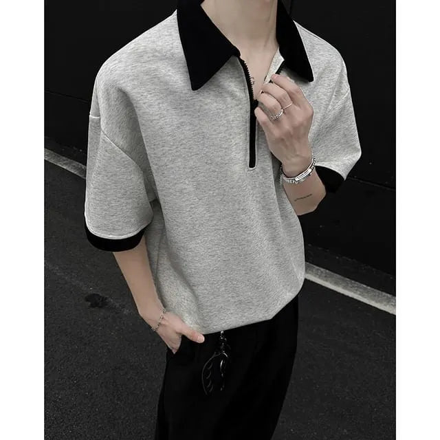 Elbow-Sleeve Contrast Trim Half-Zip Polo Shirt