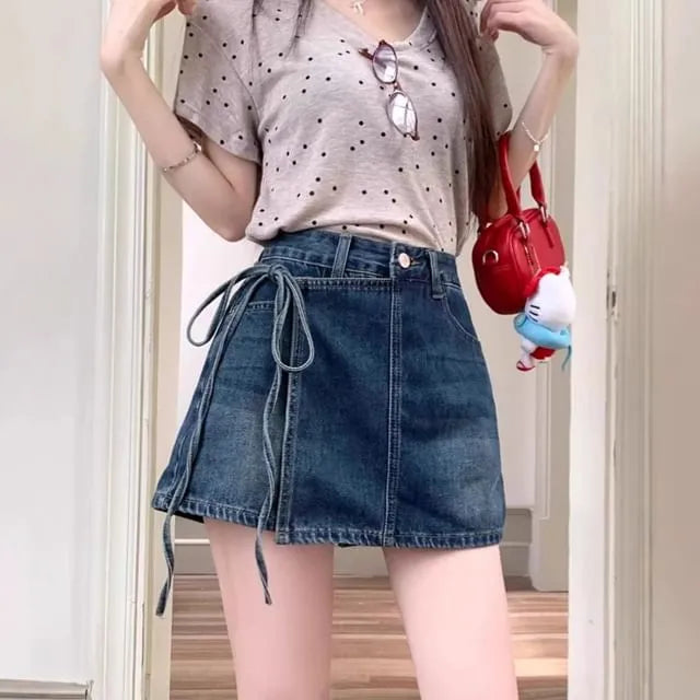 High Waist Asymmetrical Washed Denim Mini A-Line Skort