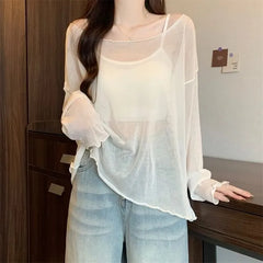 Long-Sleeve Boat Neck Plain Lettuce Edge Sheer T-Shirt