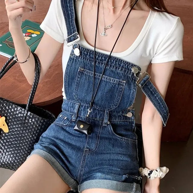 Pocket Detail Roll Up Hem Denim Overall Shorts