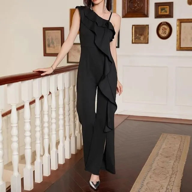One-Shoulder Plain Ruffle Side-Slit Flared Jumpsuit