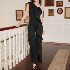 One-Shoulder Plain Ruffle Side-Slit Flared Jumpsuit