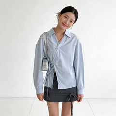 Long-Sleeve V-Neck Collared Lace Trim Buttoned Side-Tie Puff Sleeve Blouse