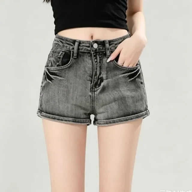 High Waist Washed Denim Shorts