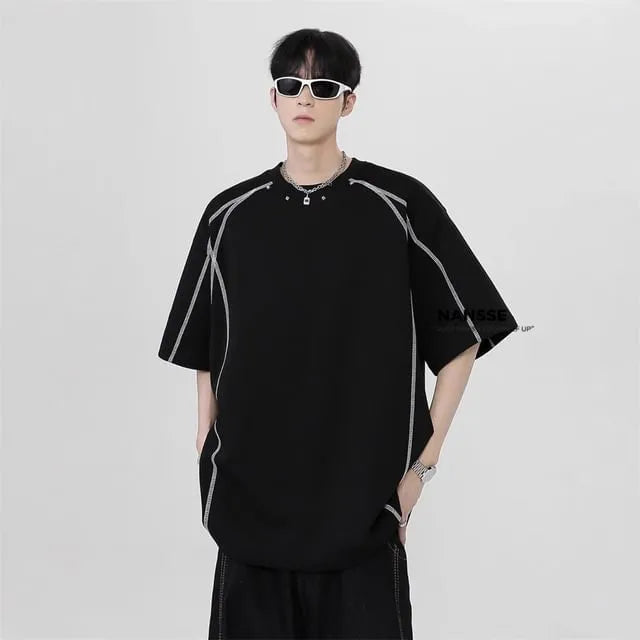 Elbow-Sleeve Crew Neck Plain Contrast Stitching T-Shirt