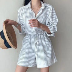 Long-Sleeve Henley Striped Pocket Front Romper