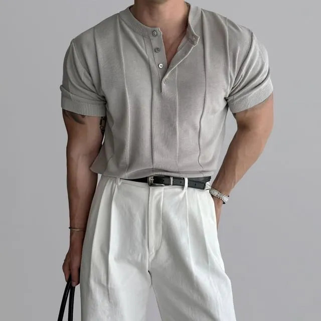 Short-Sleeve Henley Plain Knit Top