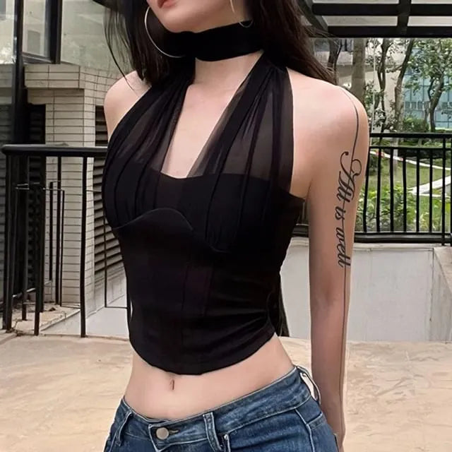Halter Neck Plain Mesh Panel Corset Top