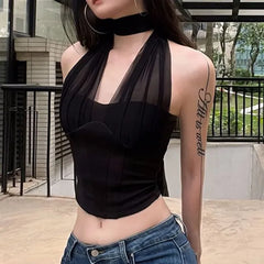 Halter Neck Plain Mesh Panel Corset Top