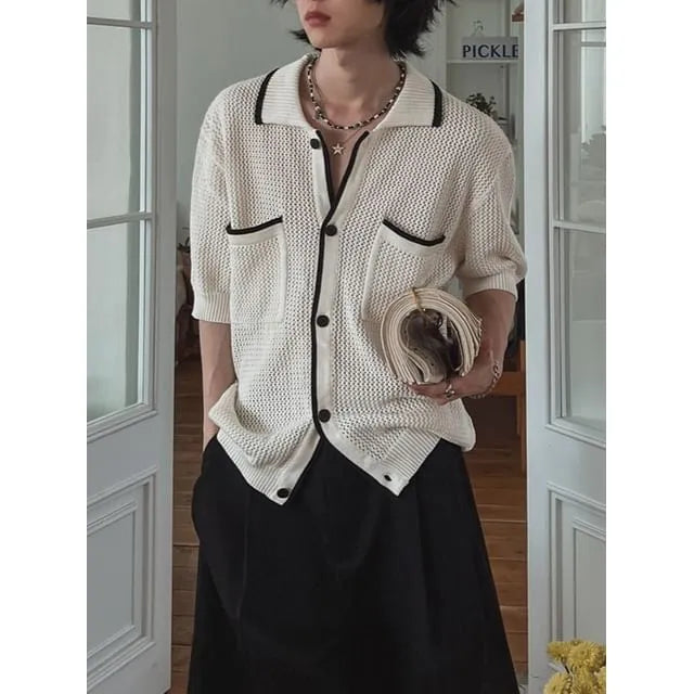 Contrasted Short-Sleeve Summer-Knit Polo Cardigan