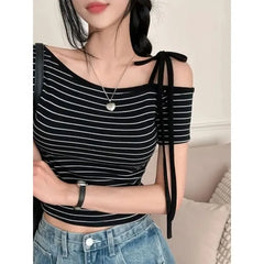 Short-Sleeve Off-Shoulder Striped Tie-Strap Top