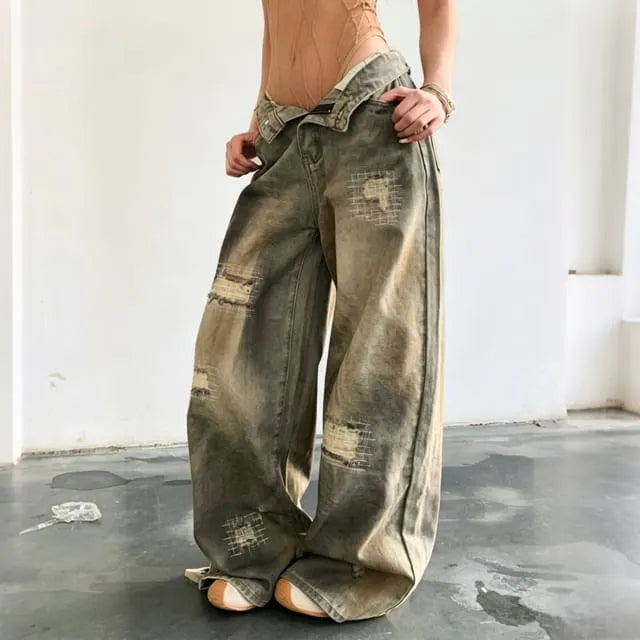 [40-42/2XL] Mid Waist Ripped Patchwork Washed Wide Leg Jeans