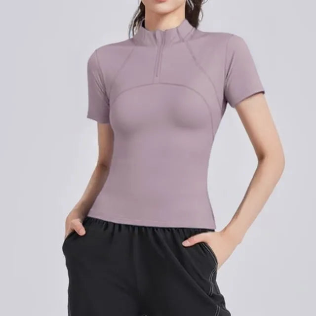 Short-Sleeve Stand Collar Half-Zip Plain Sports T-Shirt
