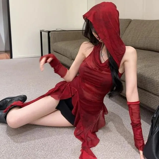 Cowl Neck Asymmetrical Ruffle Trim Hooded Tank Top With Arm Sleeves