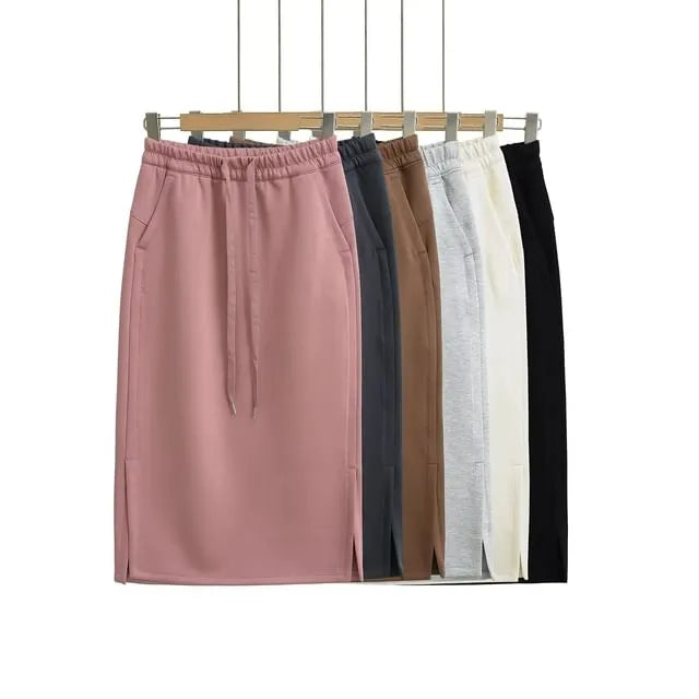 Drawstring Waist Plain Side-Slit Midi H-Line Skirt