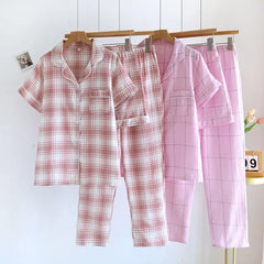 Pajama Set: Short-Sleeve Lapel Collar Plaid Button-Up Top + Shorts + Pants