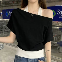 Mock Two-Piece Short-Sleeve Halter Cold-Shoulder Two Tone Tee