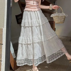 High Waist Lace Panel Tiered Midi A-Line Skirt