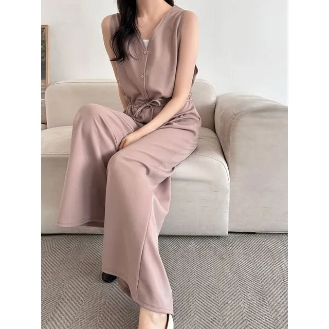 Sleeveless V-Neck Plain Jumpsuits