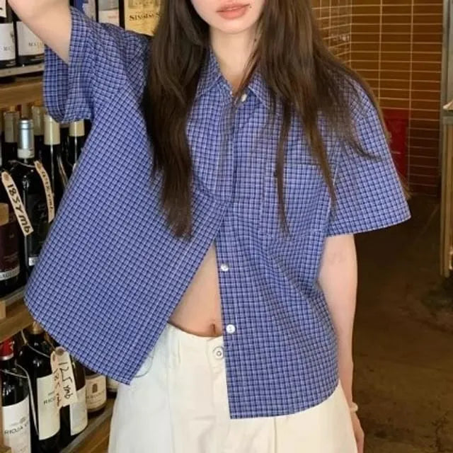 Short-Sleeve Plaid Pocket Detail Shirt