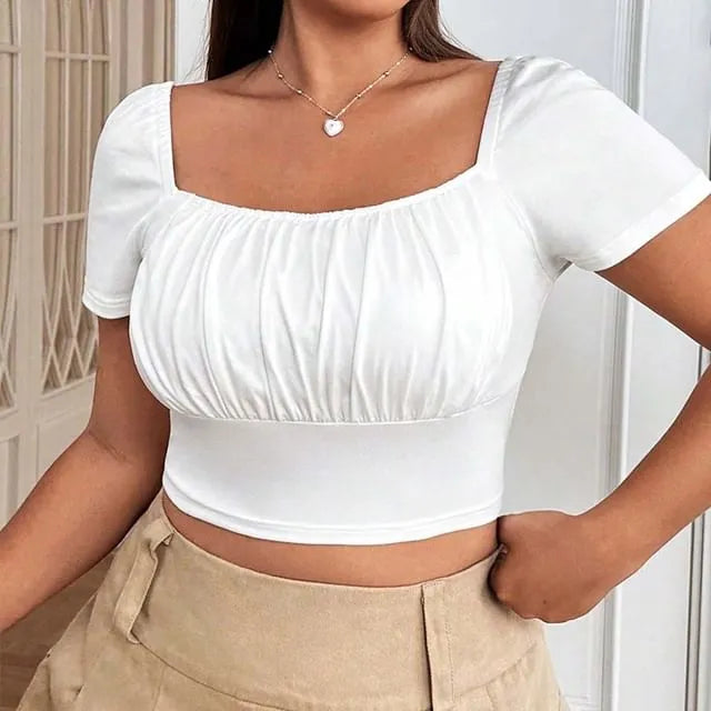 Plus Size Short Sleeve Square-Neck Plain Ruched Slim-Fit Crop Top