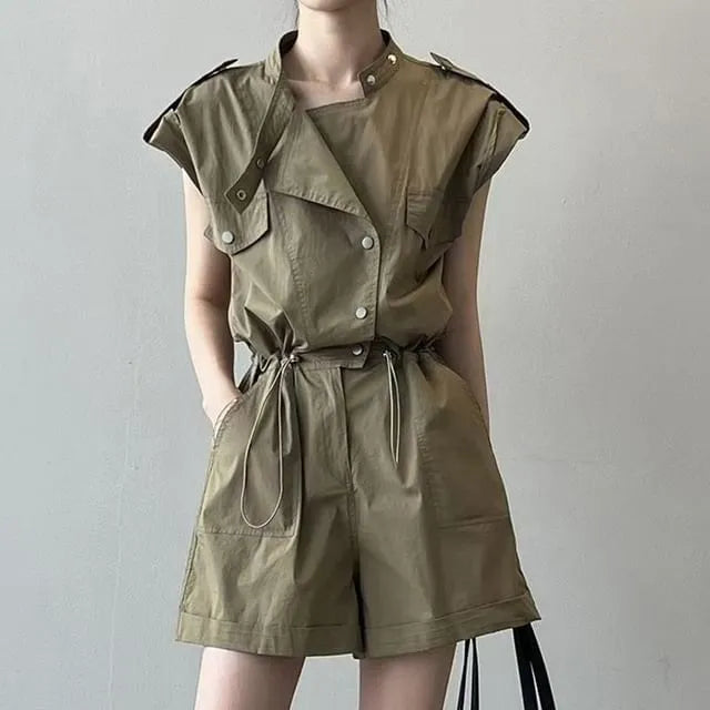 Short-Sleeve Plain Drawstring Romper
