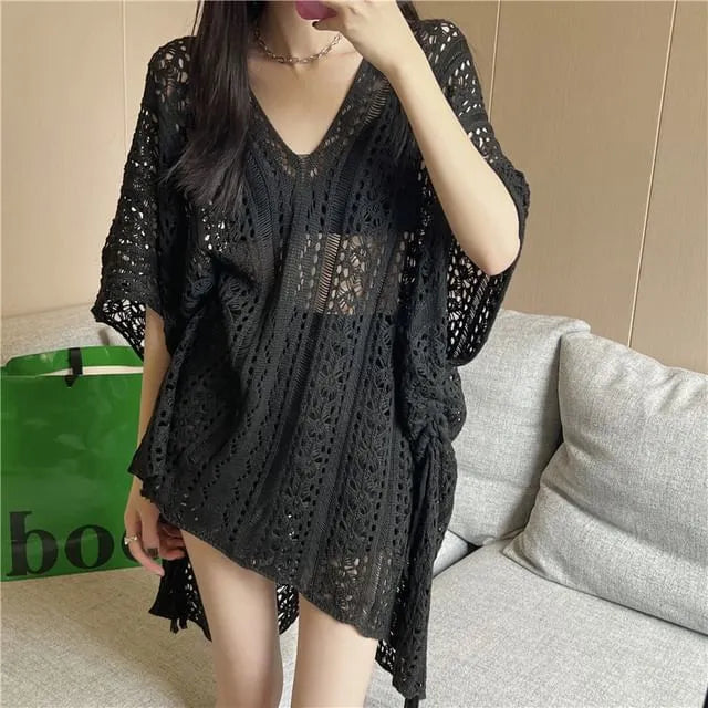 Elbow Sleeve V-Neck Plain Slit Knit Cover Up Top