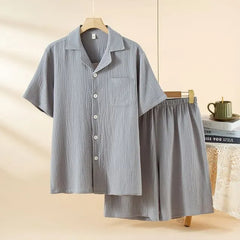 Pajama Set: Short-Sleeve Lapel Collar Plain Button Top + Lounge Shorts