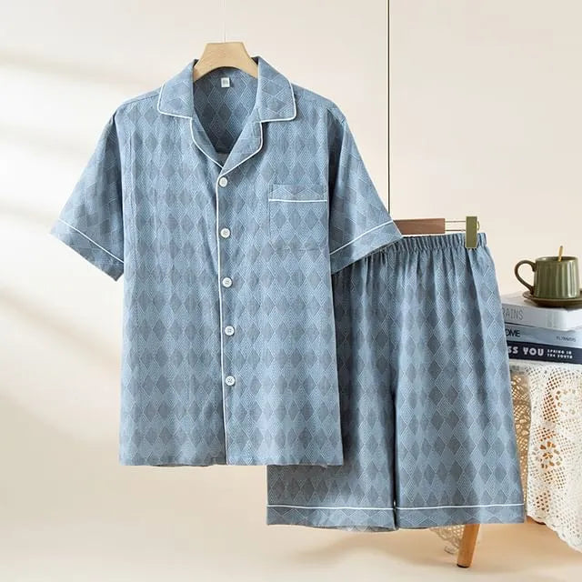 Pajama Set: Short-Sleeve Lapel Collar Argyle Button Top + Lounge Shorts