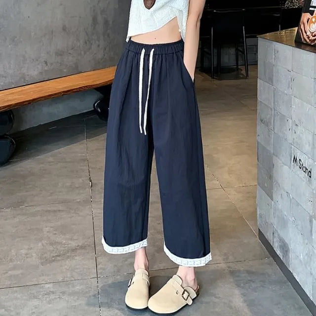 Drawstring Waist Lace Trim Cropped Straight Leg Pants