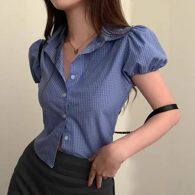 Puff Sleeve V-Neck Plaid Slim-Fit Crop Shirt