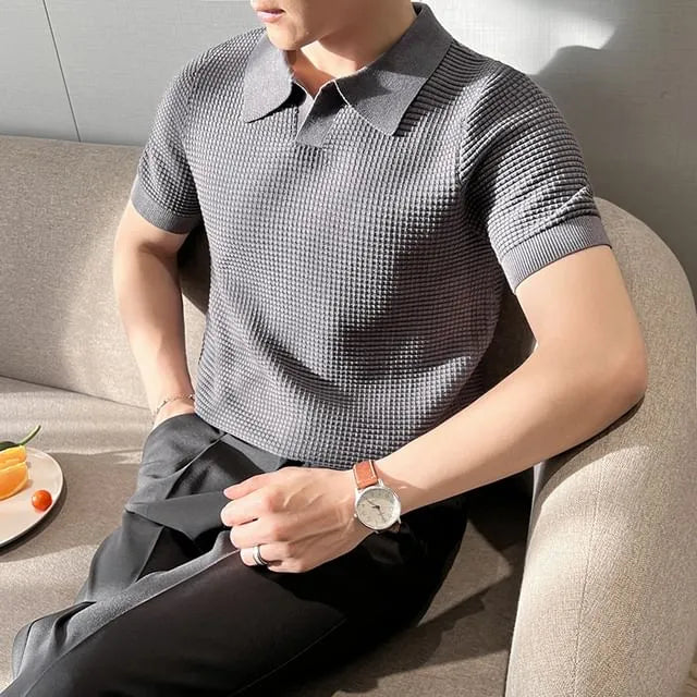 Short Sleeve Open Placket Plain Knit Polo Top