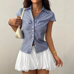 Short Sleeve V-Neck Striped Tie-Back Slim-Fit Shirt