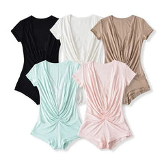Short-Sleeve V-Neck Plain Lace Panel Ruched Romper