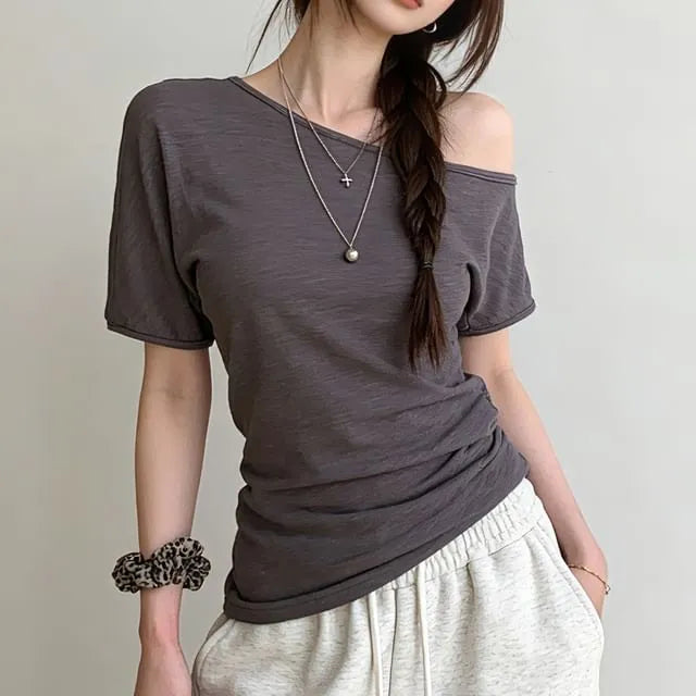Short-Sleeve Asymmetrical Neck Off-Shoulder Plain Ruched T-Shirt