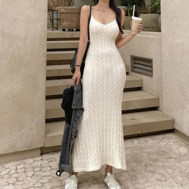 Spaghetti Strap Plain Cable Knit Maxi Sheath Dress