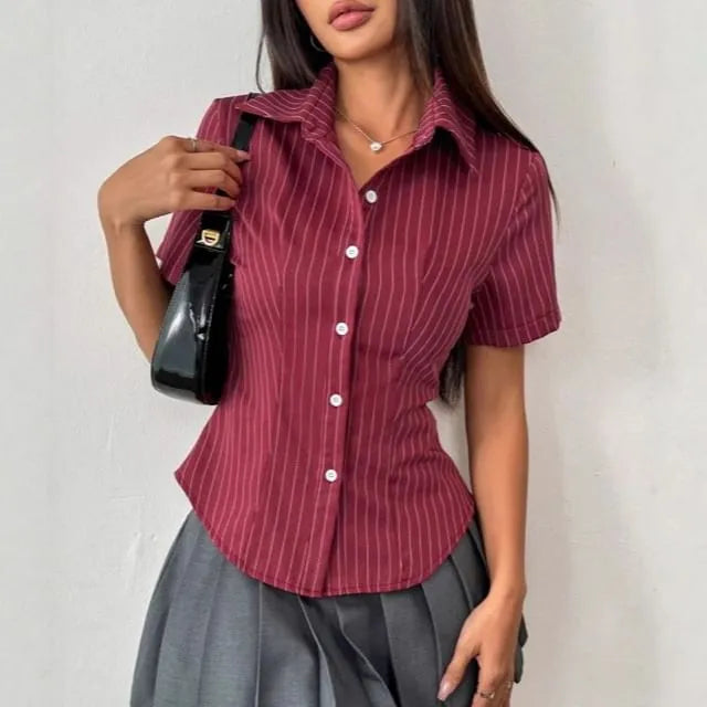 Short Sleeve Collared Stripe Slim-Fit Shirt