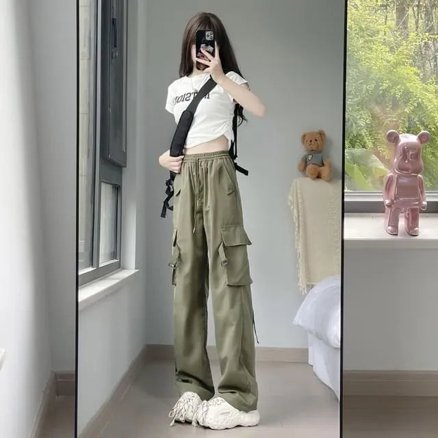 High Waist Plain Wide Leg Cargo Pants