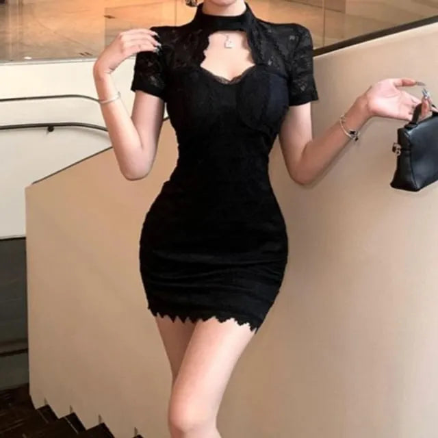 Short-Sleeve Stand Collar Cutout Lace Mini Bodycon Dress
