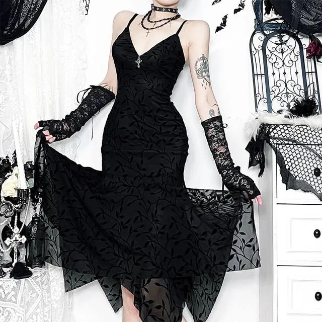 Spaghetti Strap V-Neck Lace Midi Sheath Dress