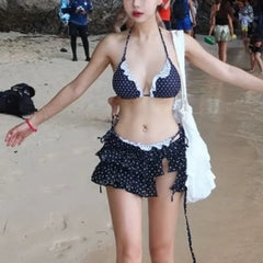 Set: Halter Dotted Lace Trim Bikini Top + Bottom + Cover Up Skirt