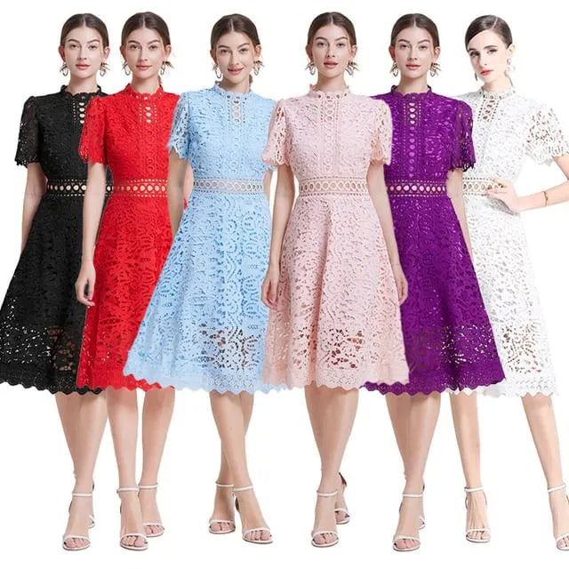 Short Sleeve Mock Neck Plain Crochet Lace Midi A-Line Dress