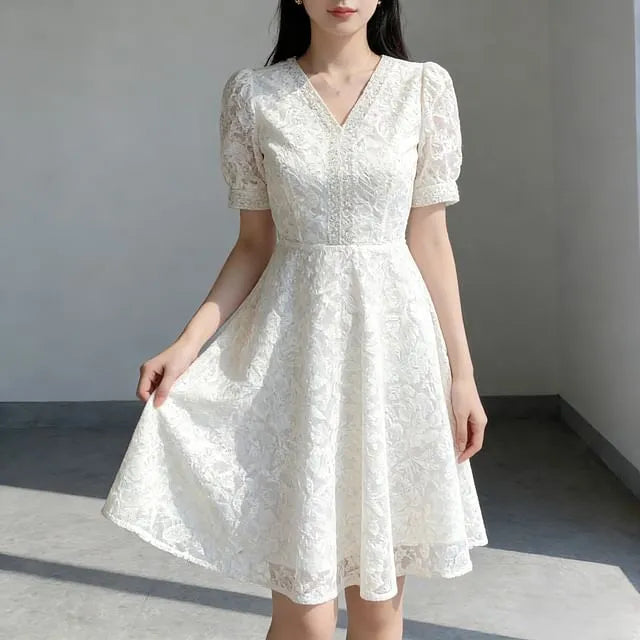 Puff-Sleeve V-Neck Midi A-Line Lace Dress