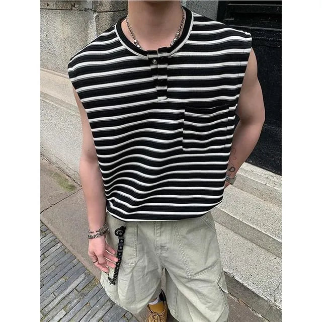 Sleeveless Henley Neck Striped T-Shirt